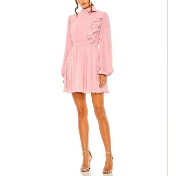 MAC DUGGAL WOMEN'S PINK DRAPED HIGH NECK LONG SLEEVED MINI DRESS SZ 4 NWT $298 - Picture 1 of 6